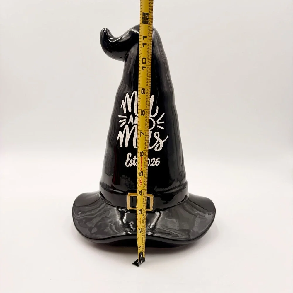 Black Ceramic Witch Hat Mr and Mrs Est 2026 Halloween Wedding Figurine Decor